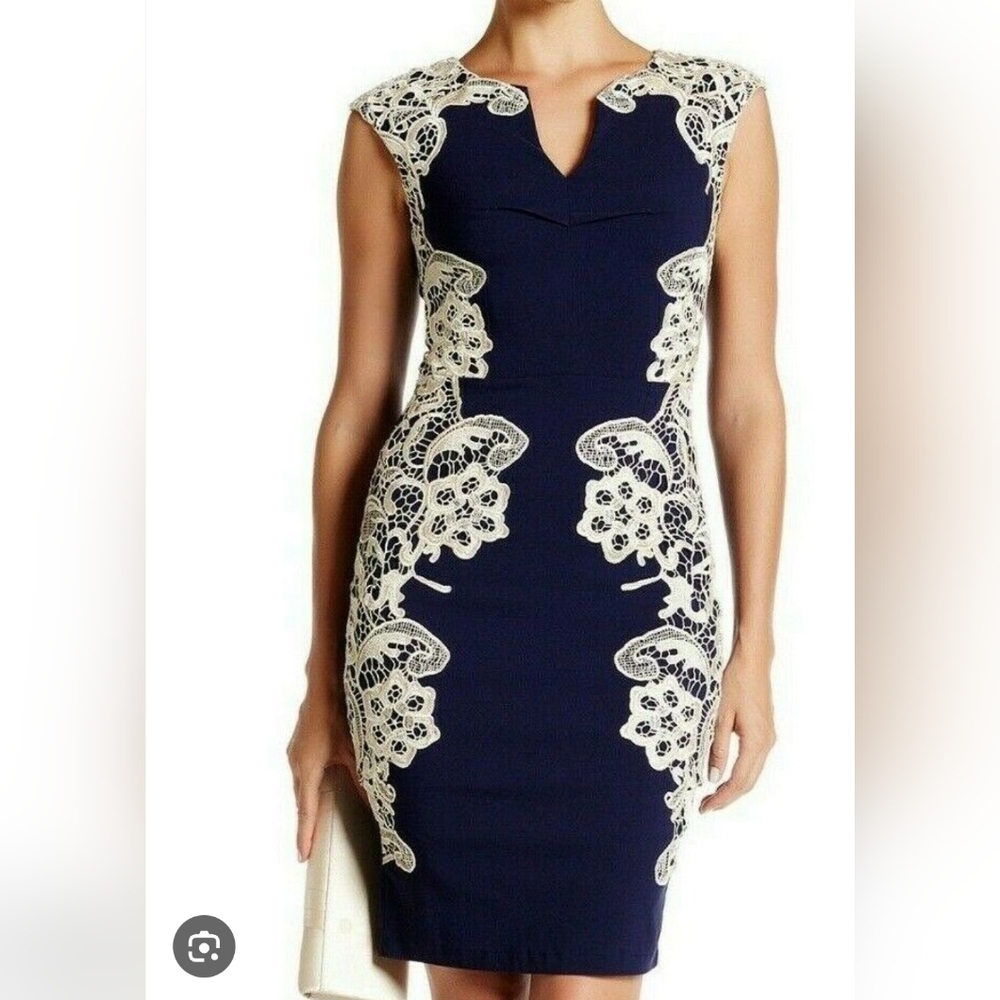 NWT - LONDON DRESS CO. Women's 'AMBER' LACE DETAIL Navy/Cream BODYCON DRESS - 12
